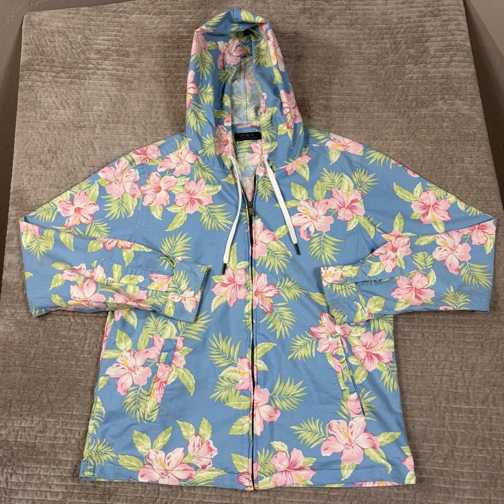 Polo Ralph Lauren Blue Hibiscus Floral Full Zip Hooded Jacket Mens Medium